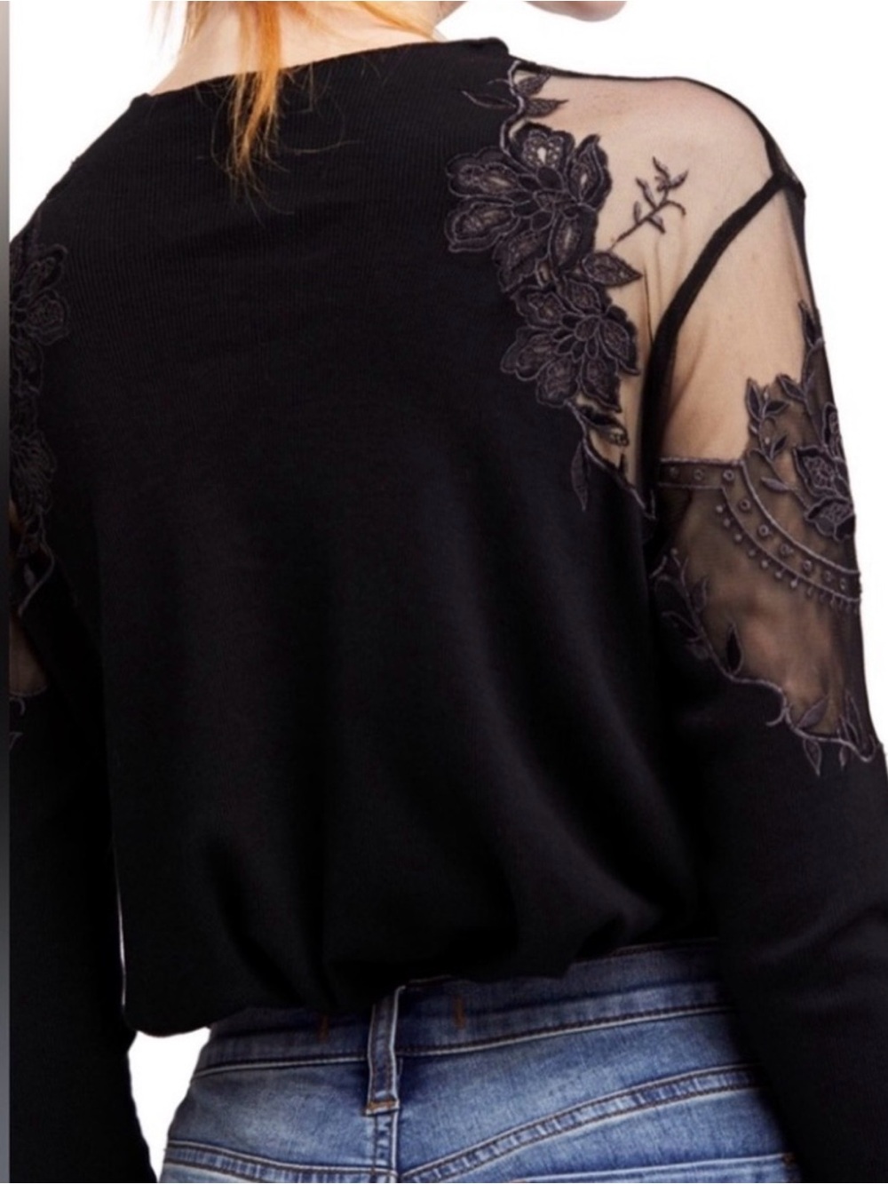 Free People Top Womens S Daniella Black Ribbed Mesh Floral Shoulder Embroidered